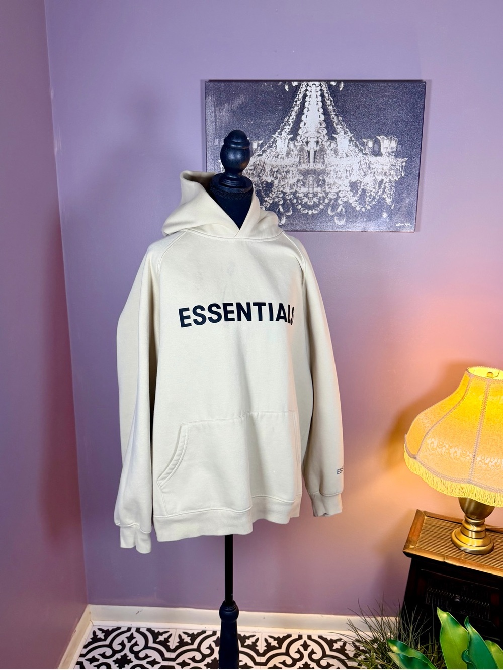Essentials Men's Cream Hoodie with Black Logo